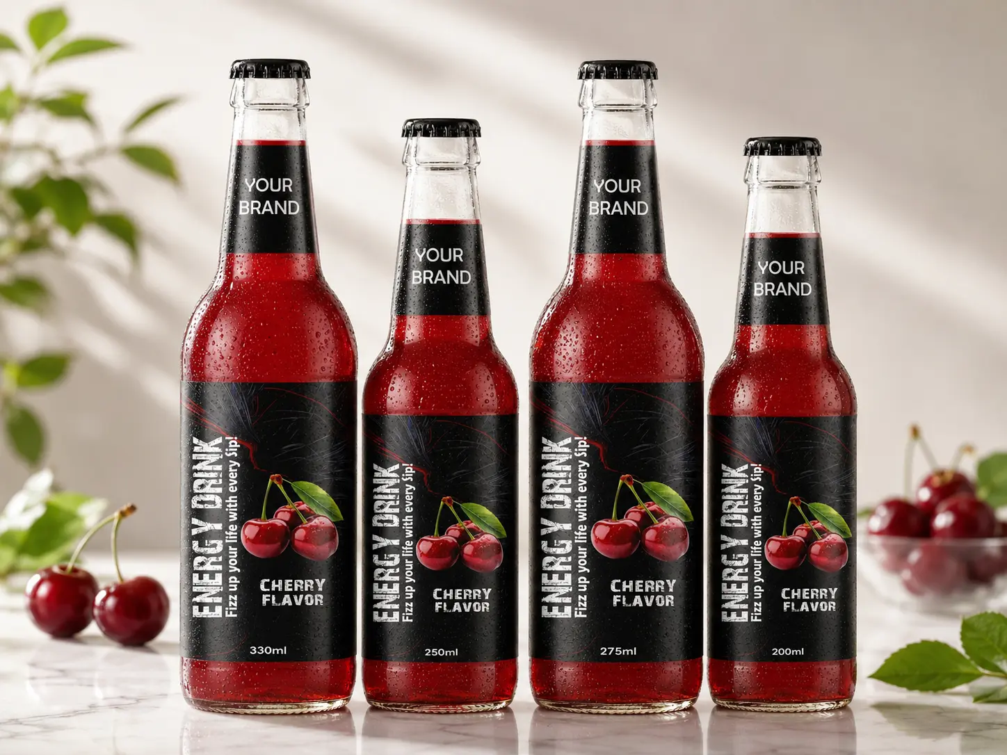ENERGY DRINK Cherry flavor bottles in 330ml, 250ml, 275ml, and 200ml glass bottles.